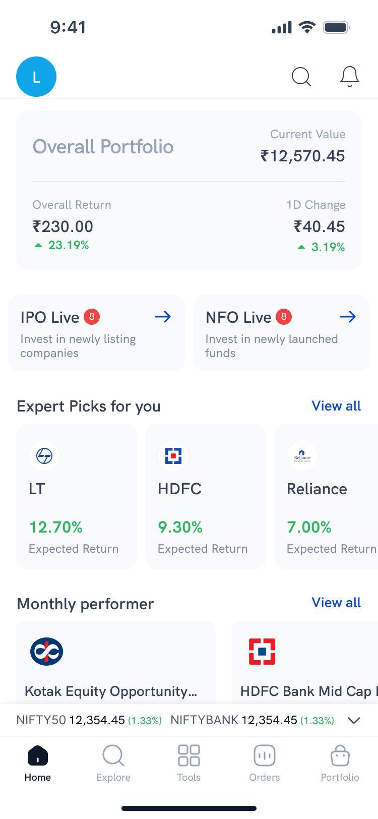 The merged Home screen: one Overall Portfolio card showing current value, overall return and 1D change, with IPO and NFO entry points, expert picks, monthly performers, and the five-slot bottom navigation