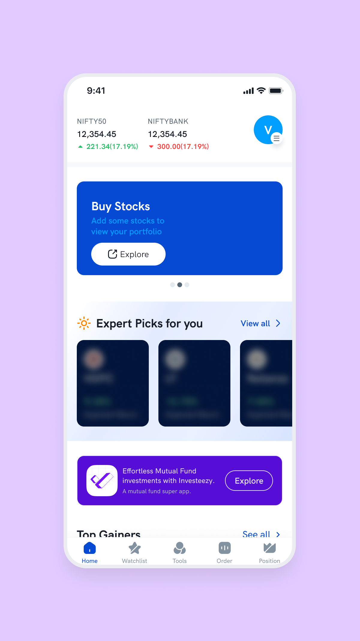 Rupeezy Trade home screen before the merge, with the Investeezy mutual fund banner above the navigation bar