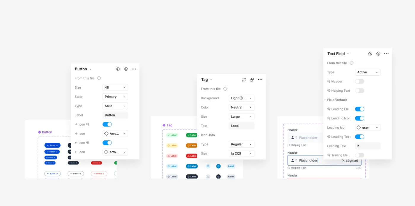 Figma variant panels for the Button, Tag and Text Field components, showing size, state, type and toggle properties