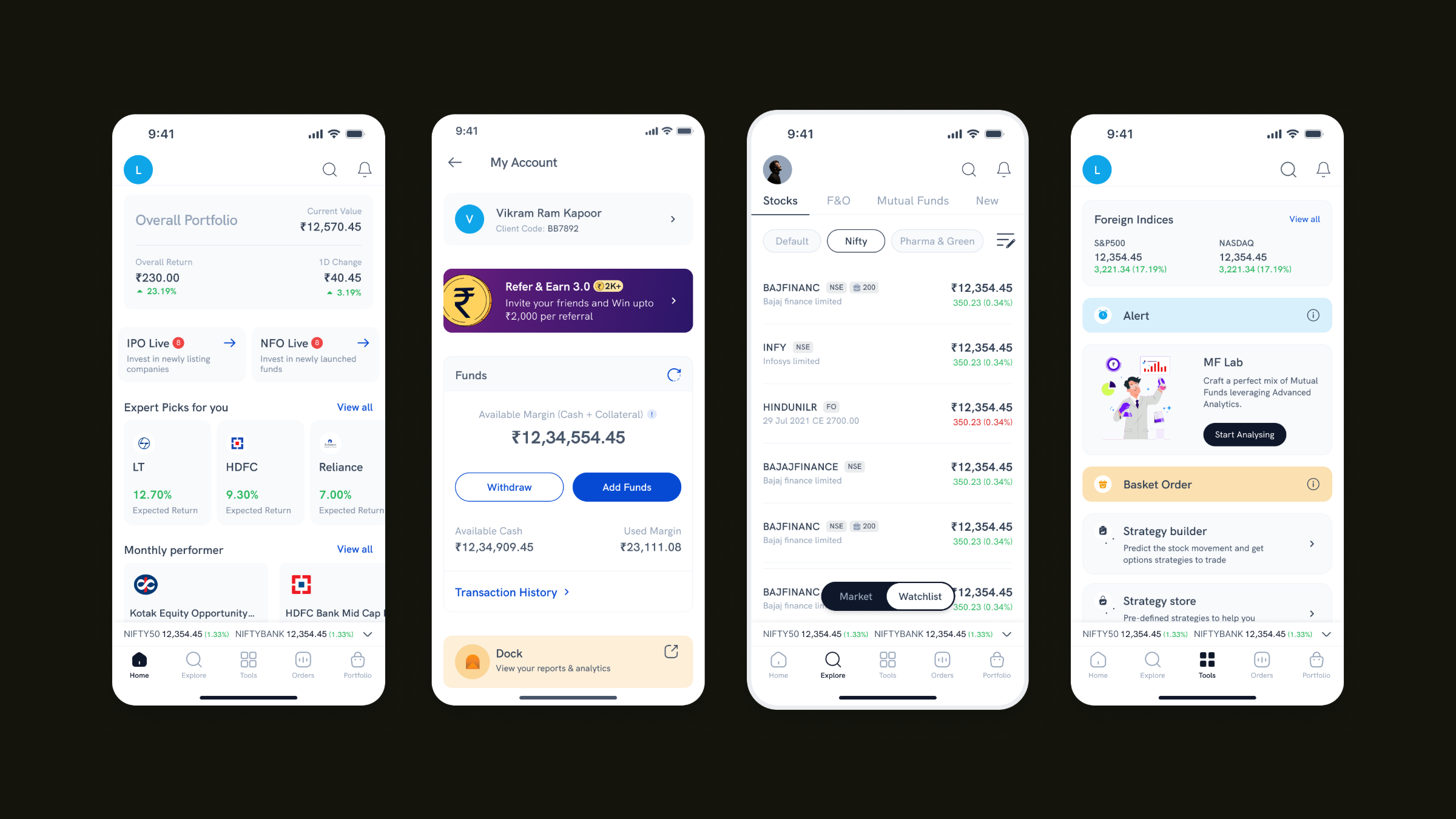 After the merge — four screens of the merged app, with stocks, F&O and mutual funds as peers under one portfolio