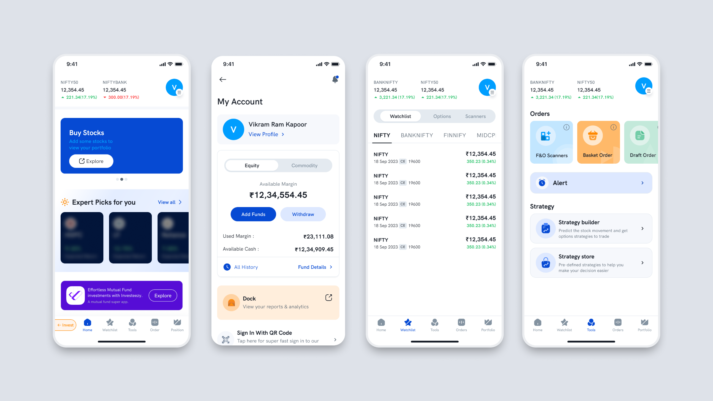 Before the merge — four screens of Rupeezy Trade, with mutual funds appearing only as a banner for a separate app