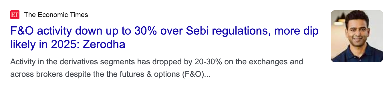 Economic Times headline: F&O activity down up to 30% over SEBI regulations, more dip likely in 2025